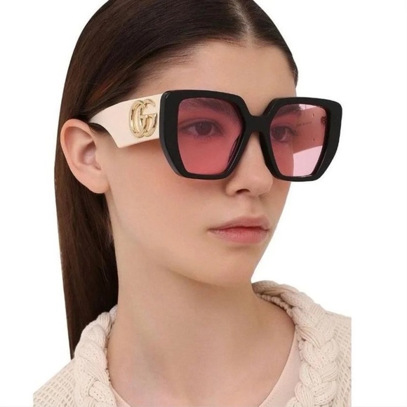 New Gucci GG0956S Oversized Square Women Sunglasses Black Frame Pink Lens - Picture 1 of 5